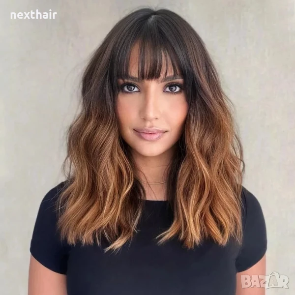 Омбре светло кафява перука с черни корени и бретон 45 см, снимка 1