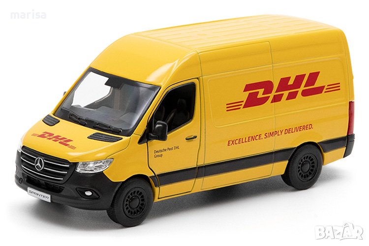 Mercedes-Benz Sprinter DHL - мащаб 1:48 на KinSmart моделът е нов в кутия, снимка 1