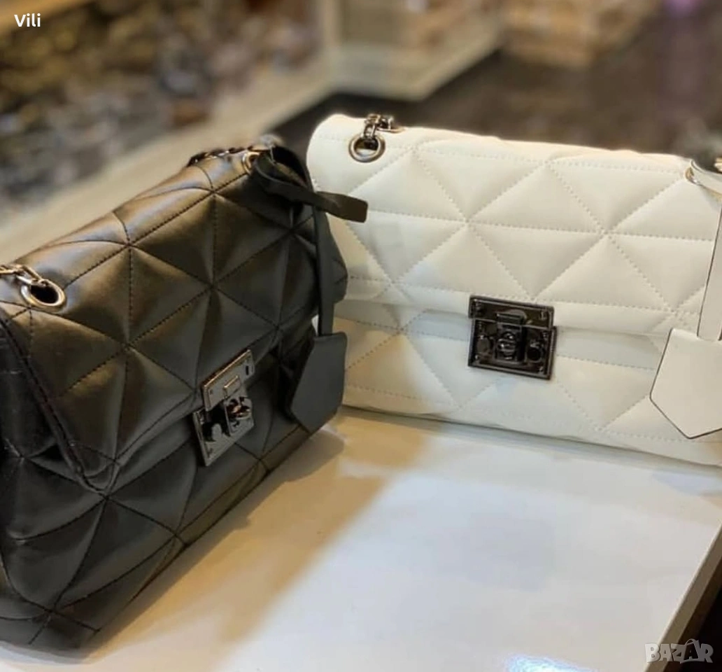 Дамска чанта еко кожа с дълга дръжка в бяло и черно , снимка 1