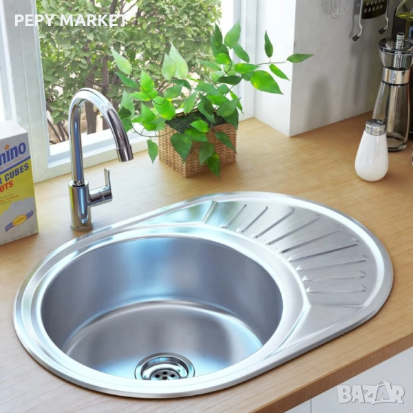 Кухненска мивка с цедка и сифон, овална, неръждаема стомана Цвят: Сребрист Материал: Неръждаема стом, снимка 1