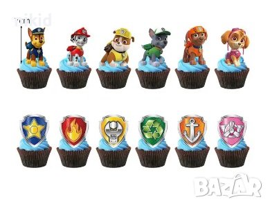 24 бр Пес Патрул Paw Pes Patrol лого топери клечки декорация за сладки мъфини парти, снимка 1