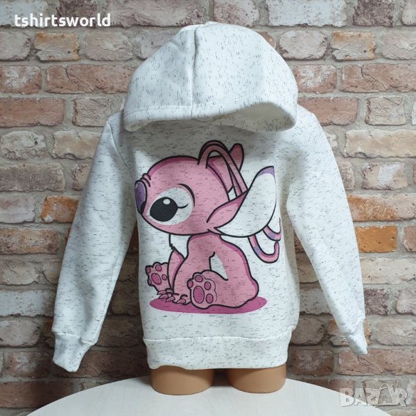Нов детски суичър с дигитален печат Розов Стич (Stitch) в цвят бял меланж, снимка 1