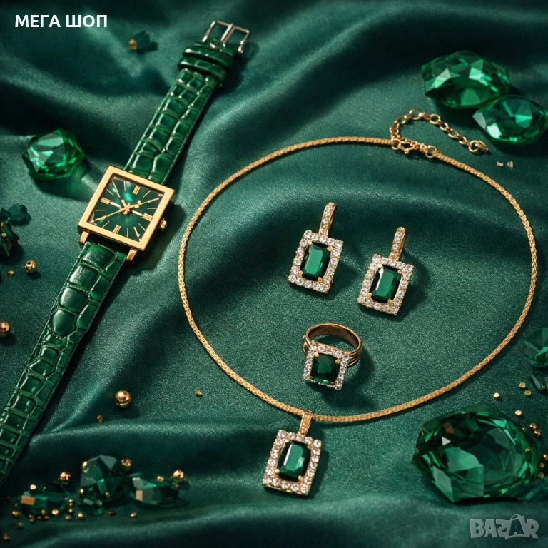 Елегантен комплект часовник и бижута с зелени кристали и златист корпус, снимка 1