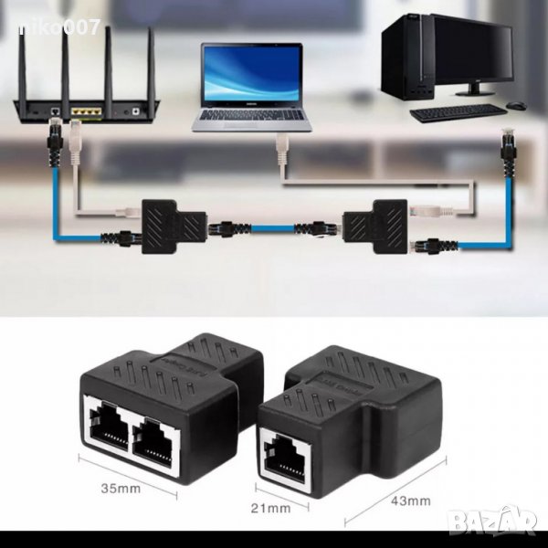 RJ45 LAN Ethernet мрежов женски сплитер конектор адаптер за докинг станции за лаптоп , снимка 1