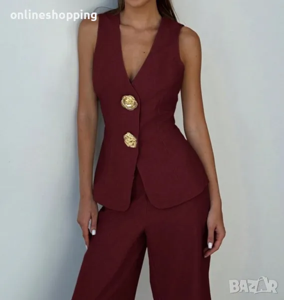 Елегантен дамски сет бордо панталон и елек, снимка 1