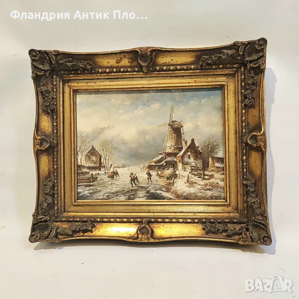 Маслена картина „Зимен пейзаж с вятърна мелница“, снимка 1