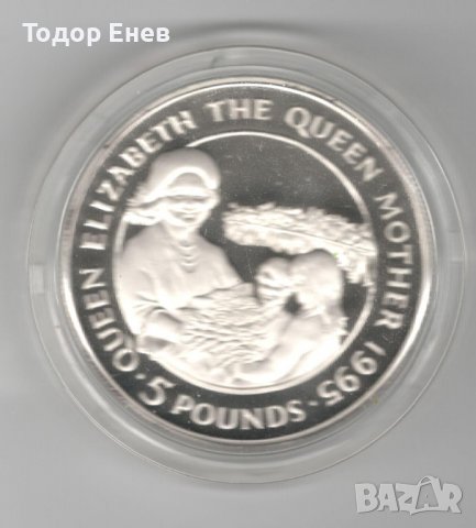 Alderney-5 Pounds-1995-KM# 14a-Queen Mother receiving flower-Silver Proof, снимка 3 - Нумизматика и бонистика - 37297606