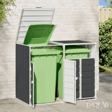 vidaXL Навес за 2 коша на колела, aнтрацит, 144x81x113 см, стомана, снимка 3 - Кошове за боклук и контейнери - 56147459