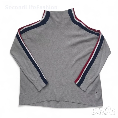 Дамски пуловер с висока яка и раирани ръкави Tommy Hilfiger размер S сив 