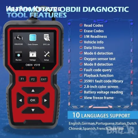 OBD2 автомобилен диагностичен скенер за всички превозни средства OBDII четящ грешки 10 езика, снимка 5 - Аксесоари и консумативи - 55731409