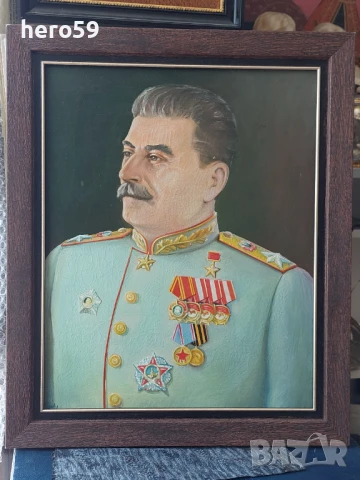 Много рядък стар портрет на Сталин, масло в/у платно 1947 год., снимка 1