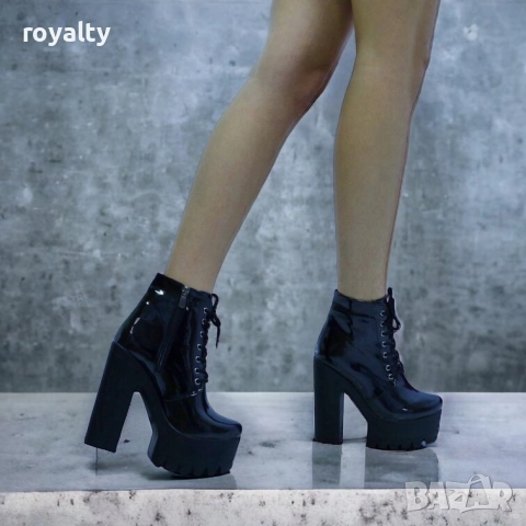 Боти на ток - черен лак с черно ходило, снимка 3 - Дамски боти - 51997462