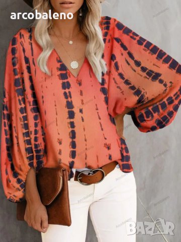 Дамска ежедневна риза с щампован фенерски ръкав с V-образно деколте, 9цвята , снимка 12 - Ризи - 42039048