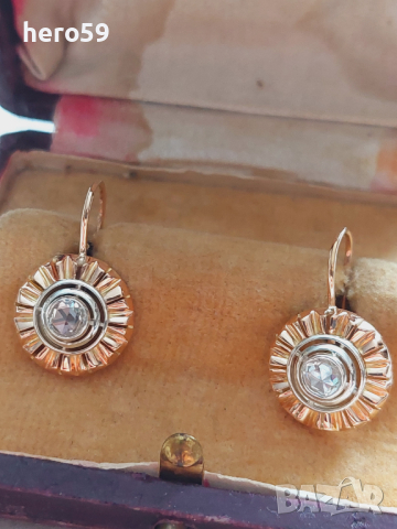 Прекрасни стари златни 18к дамски обеци с диаманти, снимка 2 - Обеци - 44601473