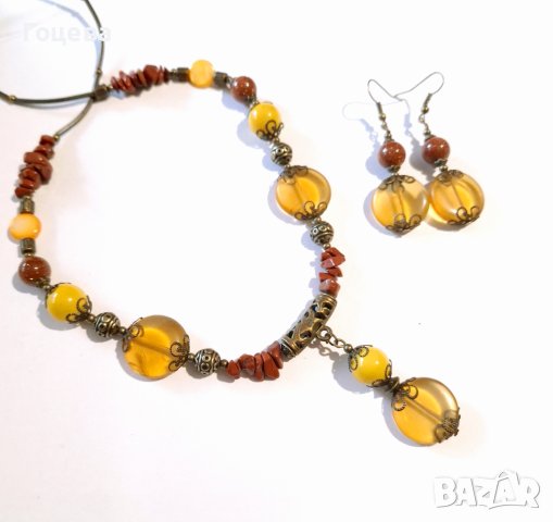 Уникален Бохо комплект бижута обици и колие с камъни Цитрин, Седеф,Яспис,Слънчев камък , снимка 3 - Бижутерийни комплекти - 42550962