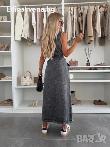 Дамска дълга дънкова рокля в сиво, с копчета и колан, снимка 4 - Рокли - 50777531