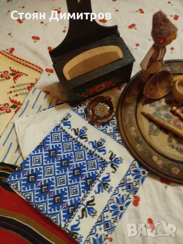 Стари-нови старинки, здрави,покривки,дървена рисувана чиния,лъжица,вретено,солница,кутия рисувана кр