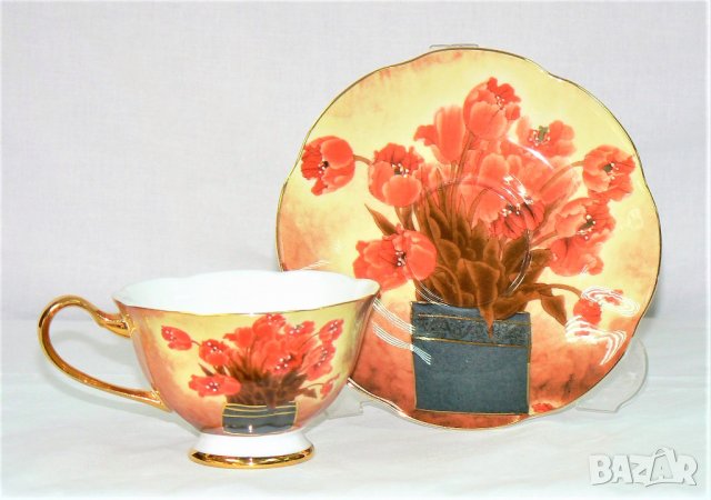Чаши с чинийки с червени цветя от костен порцелан , снимка 9 - Подаръци за жени - 27210077