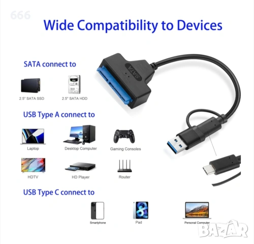 Адаптер USB 3.0 към SATA HDD SSD 2.5/3.5 инча със захранващ адаптер 10TB, снимка 4 - Друга електроника - 54263135