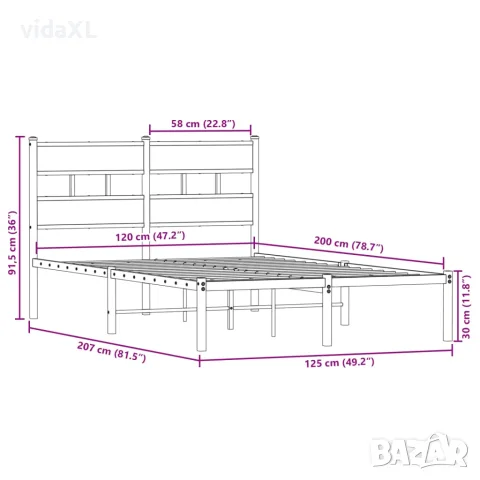 vidaXL Метална рамка за легло, без матрак, опушен дъб, 120x200 см, снимка 9 - Спални и легла - 56147487