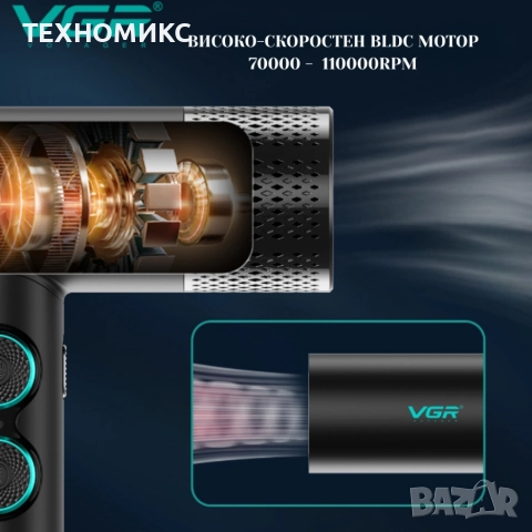Професионален сешоар VGR с BLDC мотор 110 000 RPM – Йонна технология и дифузер, снимка 13 - Други стоки за дома - 52816235