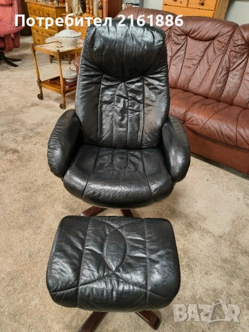 Relax кресло с отоманка от естествена кожа 
