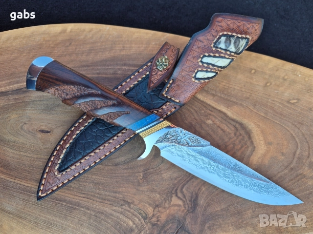 Ръчно изработен ловен нож дамаска стомана с кожена кания LN432