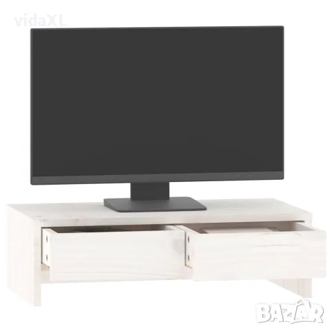 vidaXL Поставка за монитор, бяла, 50x27x15 см, бор масив, снимка 4 - Шкафове - 56147950