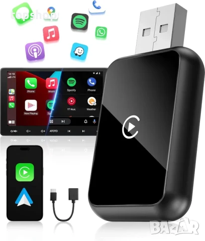 WityEye 2 В 1 Android и Carplay адаптер, Bluetooth V5.3, 5,8GHz WiFi/USB C/A, за iOS10+, Android 11+