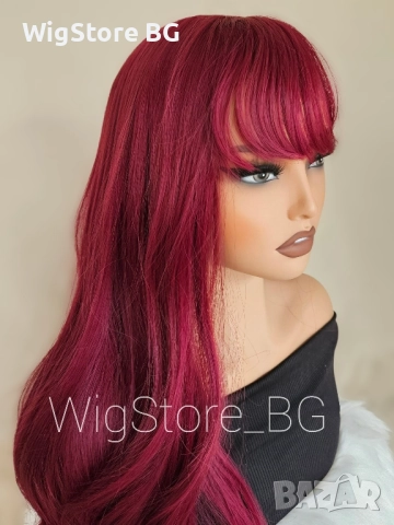 Червена бордо перука с бретон на леки къдрици, снимка 2 - Аксесоари за коса - 52364360