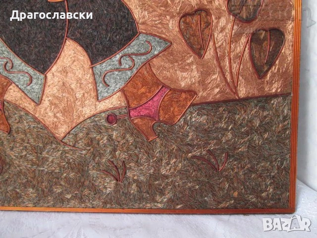 Разни: Пано 30 см мед метал кръг релеф, картина и чиния, интарзия, котарак с чизми, снимка 13 - Пана - 43240239