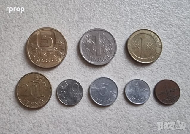 Монети. Финландия. Финланско пени и марка. 8 бройки.