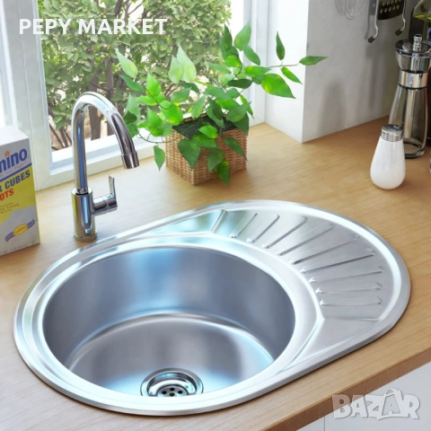 Кухненска мивка с цедка и сифон, овална, неръждаема стомана Цвят: Сребрист Материал: Неръждаема стом, снимка 1