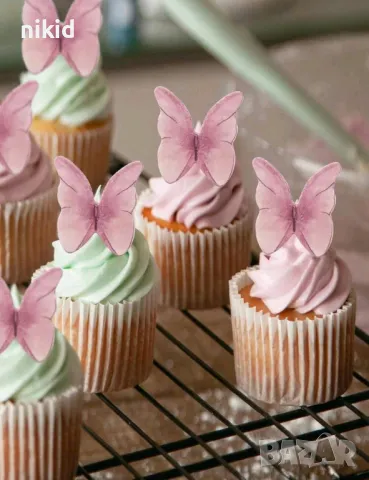 12 бр розови сини ядивни ядливи пеперуди вафлена хартия за консумация украса на торта и мъфини, снимка 6 - Други - 47198602