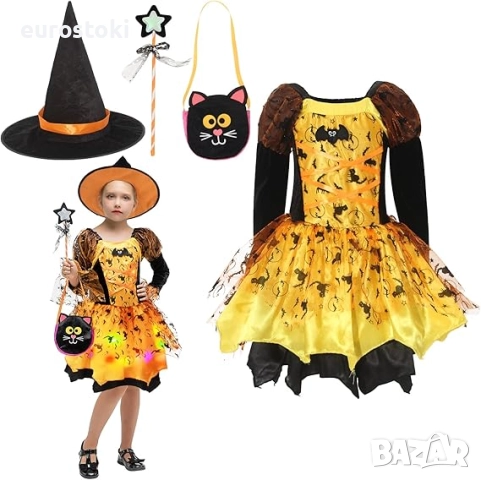 Cloudkids „Светеща вещица“ Хелоуин костюм за момиче, рокля + шапка + вълшебна пръчка + торбичка , снимка 2 - Детски комплекти - 52092421