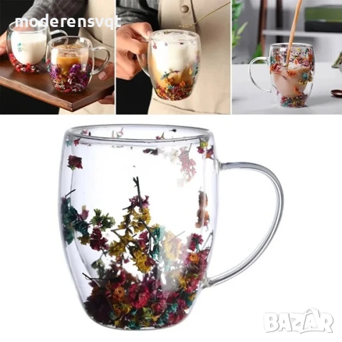 Стъклена чаша двустенно стъкло с цветя за кафе и чай 250 мл