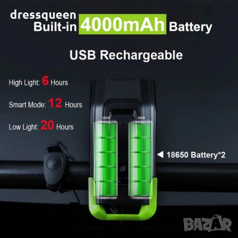 2654 Фар за велосипед акумолаторен с 2 Т6 диода и звънец, снимка 4 - Велосипеди - 30369223