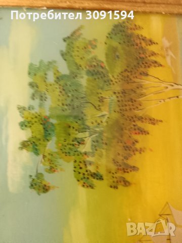 красива картина пейзаж рисувана от вътрешната страна на стъклото със дървена винтидж рамка , снимка 6 - Антикварни и старинни предмети - 44398853