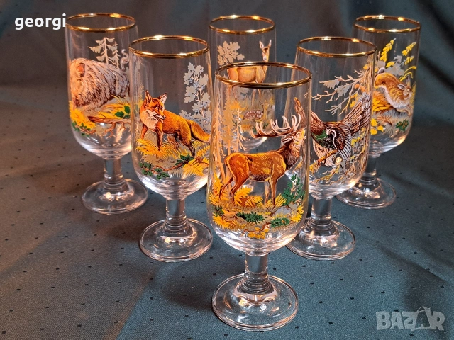 шест немски стъклени чаши с ловни мотиви и златен кант 35/1