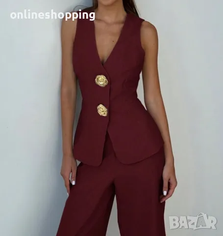 Елегантен дамски сет бордо панталон и елек