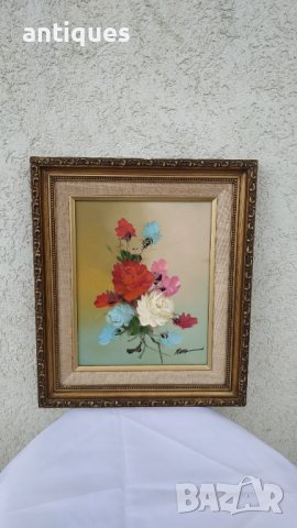 Картина "Цветя" - с рамка и подпис от автора - 36/31см, снимка 6 - Антикварни и старинни предмети - 36815295