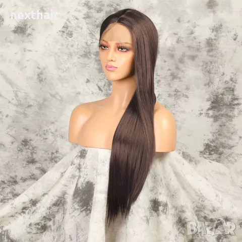 Дълга кестенява права перука 80 см с дантела 13×4×1, снимка 3 - Аксесоари за коса - 50229370