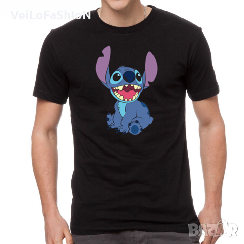 Нова мъжка тениска със Стич (Stitch) в черен цвят, снимка 1 - Тениски - 44654922