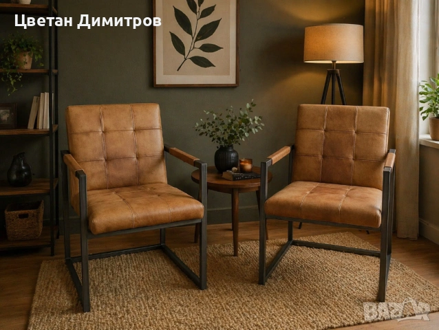 Конзолен трапезен стол в ретро индустриален стил, изработен от естествена кожа и метал. 