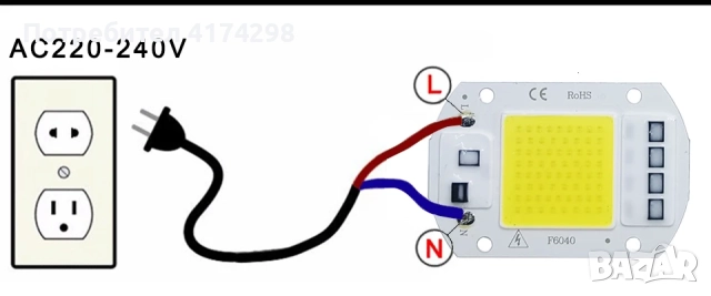 LED чип COB lamp 50W ;студена бяла 6000k ; директно от 220V0