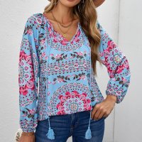 Дамска блуза в светлосиньо с принт на цветя, снимка 4 - Блузи с дълъг ръкав и пуловери - 40526078