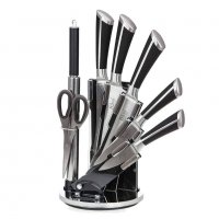 Комплект метални ножове с черни дръжки - на въртяща поставка, снимка 2 - Прибори за хранене, готвене и сервиране - 39621373