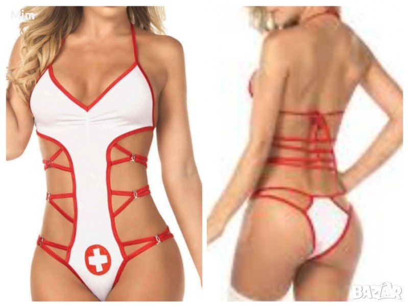 М Бяло еротично боди медицинска сестра + подарък бели чорапи с дантела , снимка 1