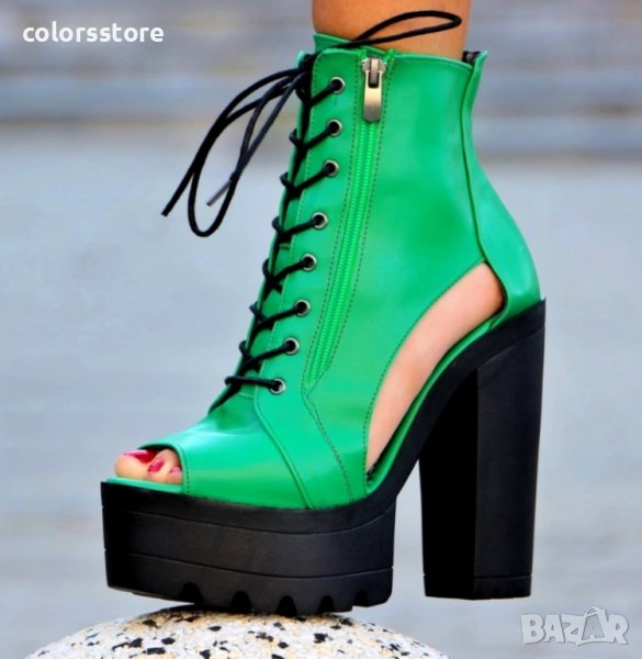 Летни боти на ток - зелена кожа - 74, снимка 1