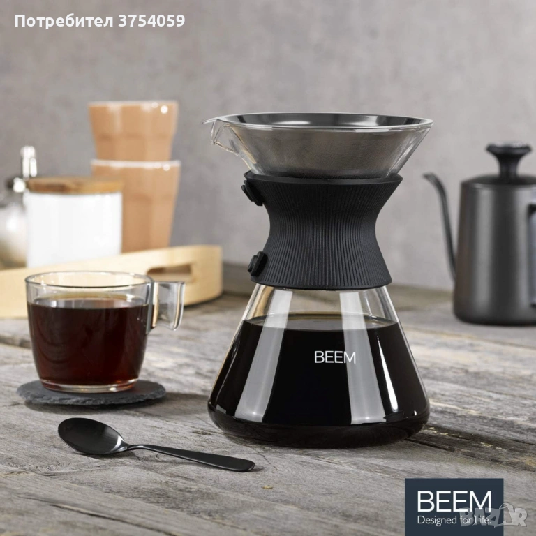 1бр/ Стъклена кана с метален филтър BEEM Classic Selection Pour Over (до 6 чаши), снимка 1